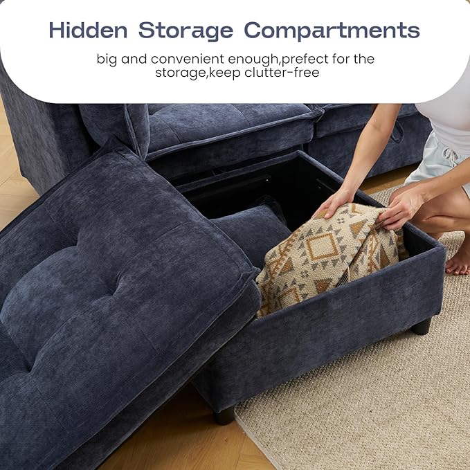 Oversized U Shaped Modern Sofa Couch 133 Modular Sectional Cloud Couch with Storage 6-Seat Chenille Deep Seat Sofa with 6 Pillows for Living Room Bedroom and Apartment Blue