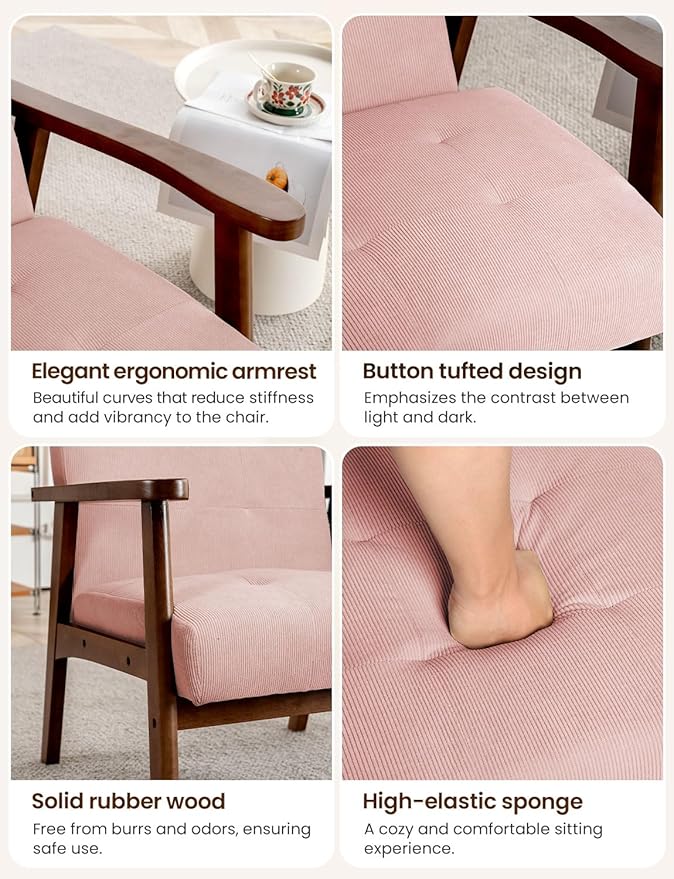 Mid Century Modern Accent Chairs for Living Room Comfy Bedroom Chairs for AdultsSmall Wide Reading Nook Arm Chair 105° Ergonomic Cozy Pink Corduroy Armchair with Rubber Wood