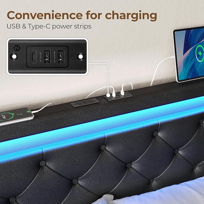 Rolanstar Queen Bed Frame with LED Lights and Charging Station PU Leather Bed with Drawers Wooden Slats Noise Free Easy Assembly Black