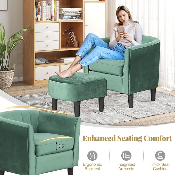 GOFLAME Accent Chair with Ottoman Modern Velvet Fabric Barrel Chair with Footrest Curved Backrest Removable Seat Cushion Upholstered Club Tub Sofa Reading Armchair for Living Room Bedroom Green