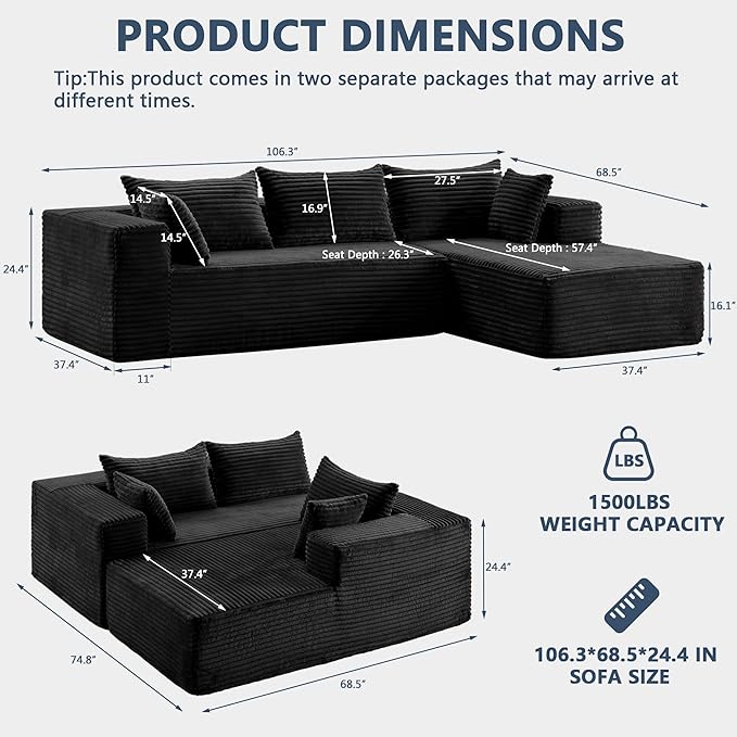 107 Modular Sectional Couch with L-Shape ChaiseBoneless Sofa for Living RoomModern Cloud Couch with Deep SeatNo Assembly RequiredLovesetBlack(Right Facing Chaise)