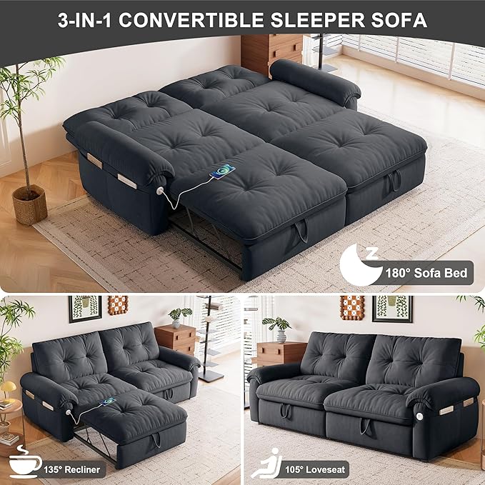 Sleeper Sofa Bed Queen Size Sofa Bed Convertible Pull Out Couch with Adjustable Backrest USB Port and Side Pockets Modern 2 Seater Small Couches for Living Room Space-Saving