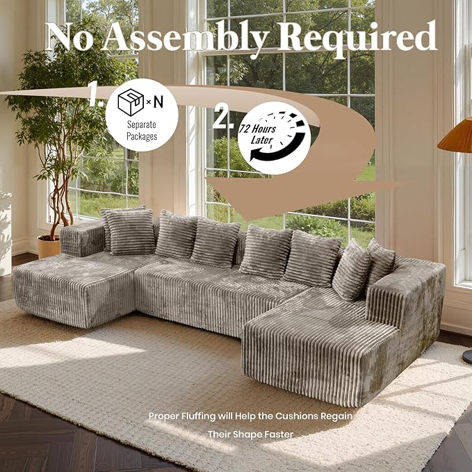 132'' U Shaped Sectional Couches for Living Room Modular Boneless Cloud Sofa with 2 Chaise Lounges 4-in-1 Flexible Combination Layered Foam Cushion Deep Seat Corner Couch No Assembly Light Coffee