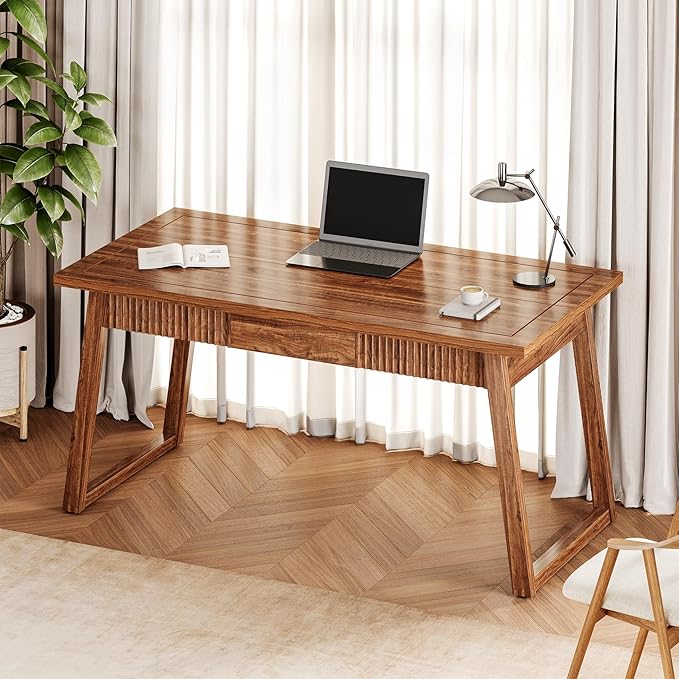 LITTLE TREE 55-Inch Home Office Desk with Drawer Modern Minimalist Style Wooden Simple Study Writing Table Mid-Century Log Executive Desk Computer Desk PC Laptop Desk Workstation Walnut Brown