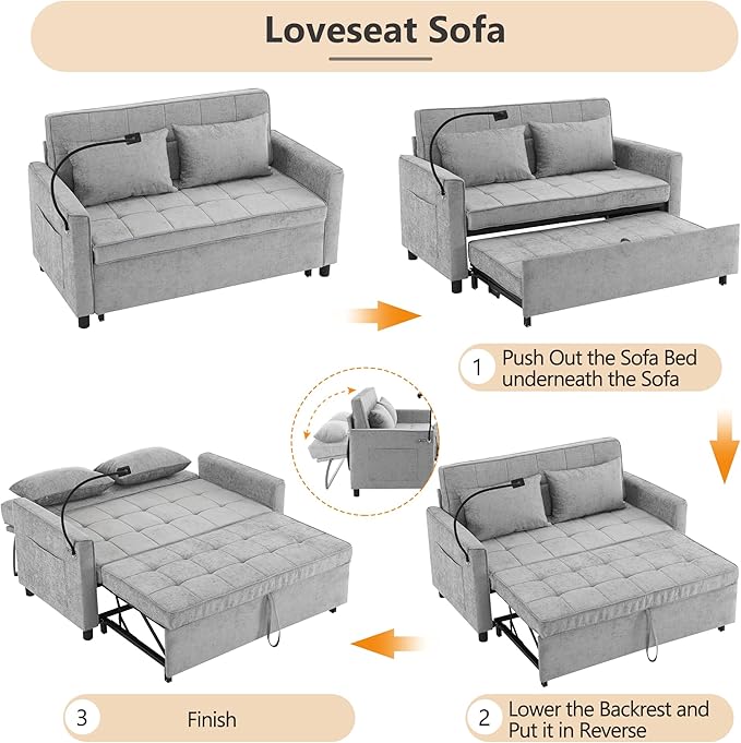 56.9 Loveseat Pull-Out Sofa Bed Chenille Sleeper Sofa Couch with a Reversible Backrest Cushion Side Pockets Two USB Ports and a Phone Holder for Living Room (Grey1)