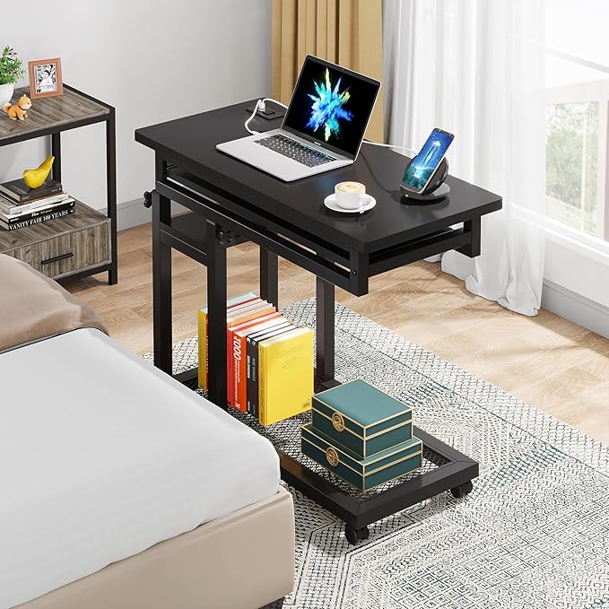 Tribesigns Small Portable Desk with Power Outlet Height Adjustable Sofa Couch Bedside Laptop Table with Wheels Mobile Standing Desk Rolling Computer Cart C Side Table with USB Ports