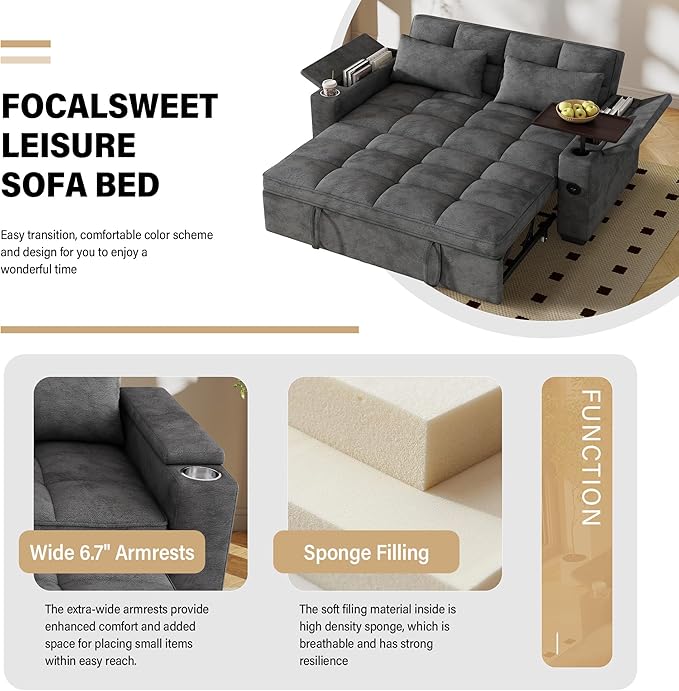 65'' Sleeper Sofa with Pull Out Bed 3 in 1 Convertible Sofa with Cup Holder and Storage Armrests Chenille Loveseat with Swivel Table Adjustable Backrest &amp Charging Ports for Living Room Grey