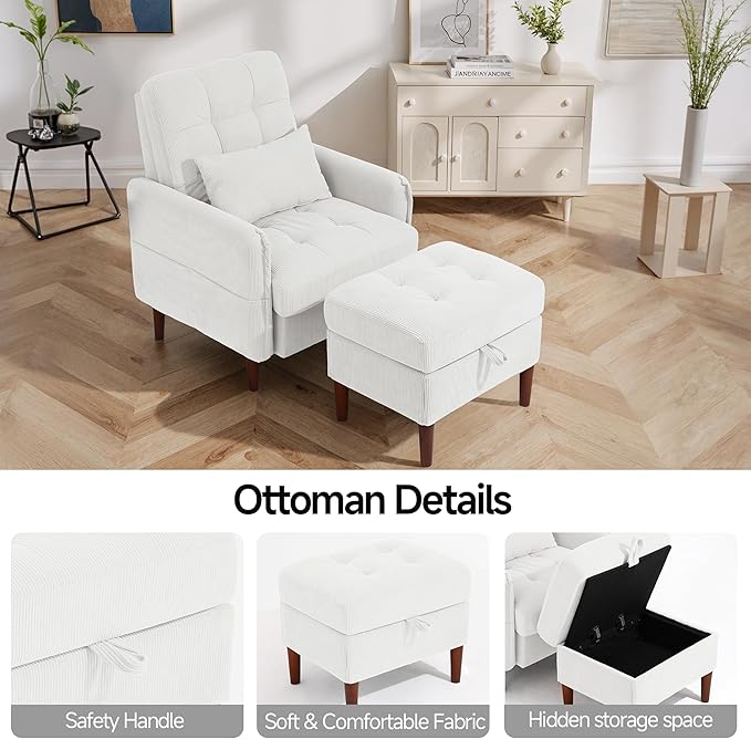 Lumibee Accent Chair with Storage Ottoman Upholstered Comfy Reading Chair with Adjustable Reclining Backrest Corduroy Fabric Lounge Chair Armchair for Living Room Bedroom White