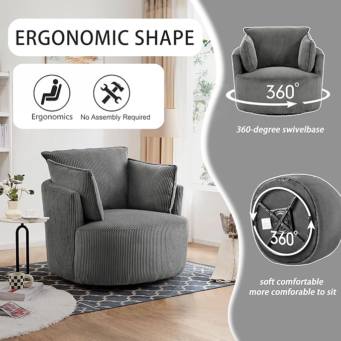 Swivel Accent Chair Round Barrel Armchair Upholstered Living Room Chair Corduroy Reading Chair Single Sofa Chair for Bedroom Apartment Office (Grey Standard 1Seater)