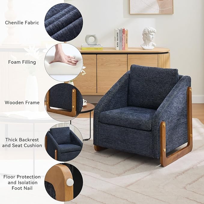 Chenille Accent ChairSingle Sofa Chair with Tilted ArmrestCozy Reading Chair for BedroomLiving Room Chair with Cushioned Backrest and Seat Holds up to 250lbs (Blue)