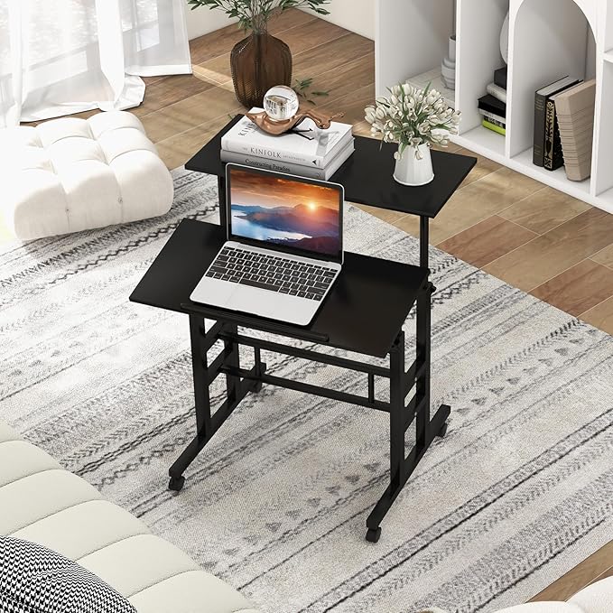 Standing Desk Height Adjustable Sit-Stand Desk with Tiltable Desk Top Rolling Laptop Stand &amp Workstation Mobile Stand up Computer Desk on Wheels for Small Spaces Home &amp Office (Black)