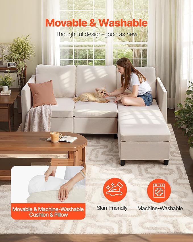 VEVOR Modular Sectional Sofa 3-Seater Modular Sofa with Hidden Storage Customizable Cloud Sectional Couch with Ottoman Solid Wood Frame Upholstered Couch for Living Room Bedroom Beige