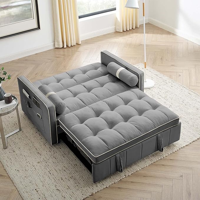 Sleeper Sofa Couch w/Pull Out Bed 55 New Upgraded Tufted Velvet Convertible Sleeper Couch Bed Small Love seat Sofa w/ 2 Pillows for Small Space Living Room Apartment Beige