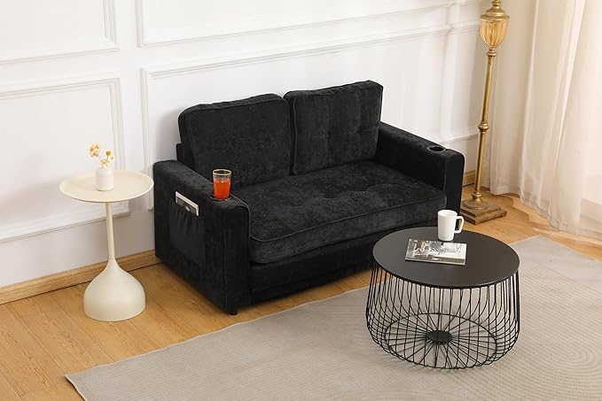 ERYE Foldable Loveseat Sofa Convertible Pull Out Sleeper Sofabed2 Seat Tufted Upholstered Sofa Modern Convertible Sleeper Couch Bed with Cupholders and Side Pockets