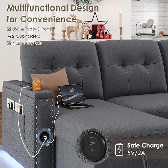 HIFIT 106 Sectional Couches for Living Room- Pull Out Sleeper Sofa Couch w/Storage ChaiseStorage ArmrestLED Light&ampUSB Port&ampCupholder Modern Linen U Shaped Home Sofa Living Room Furniture S