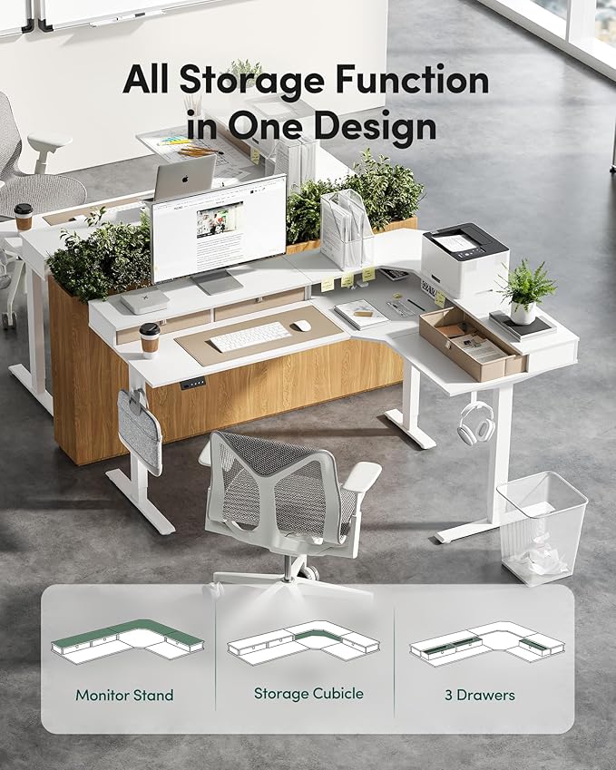 FEZIBO L Shaped Electric Standing Desk 63 x 48 inch Large with Drawers | Reversible Tabletop 2 Memory Height Settings | Home Office &amp Gaming Height-Adjustable Table White（2 Packages）