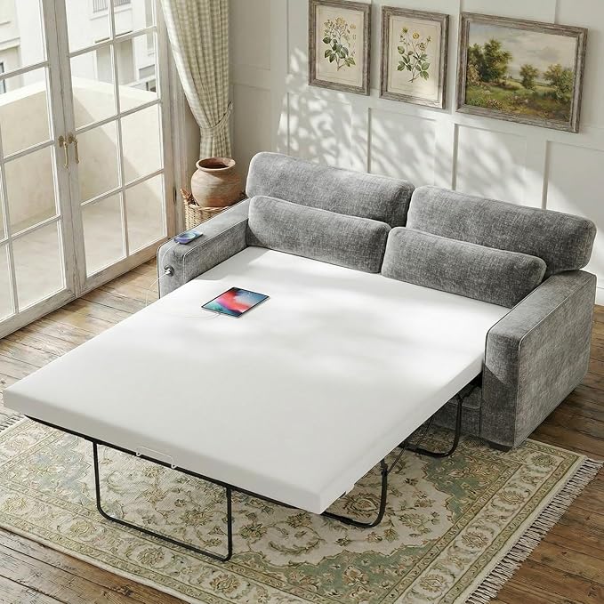 Marsail Pull Out Sofa Bed Queen Size Sleeper Sofa with Memory Foam Mattress 2 USB Charging Ports &amp Removable Covers Chenille Loveseat Couch for Living Room Apartment Light Grey