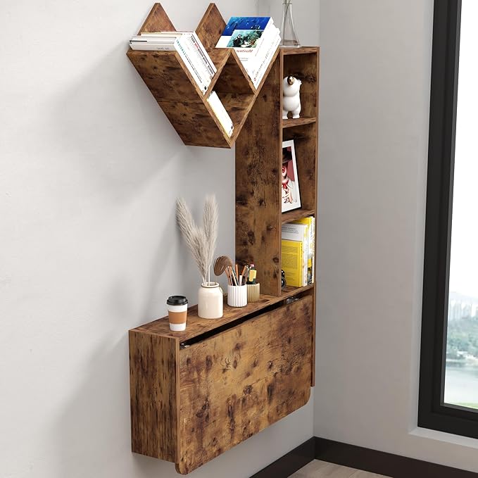 Folding Wall Mounted Drop Leaf Table Foldable Desk with Moveable Cabinets Floating Laptop with Convertible Storage Shelves Multifunctional Computer Workstation in Home for Space Saving