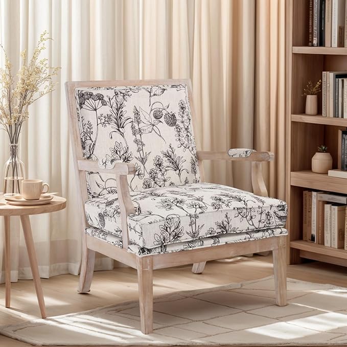 Modern Farmhouse Accent Chair Wide Linen Upholstered Living Room Chair with Armrest Pads Coastal French Country Wooden Armchair for Bedroom Guest Room Floral Pattern