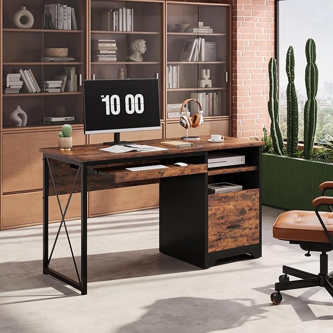 Bestier 47 Computer Desk with Drawers Home Office Desk with Keyboard Tray Reversible Industrial Office Desk with Storage Cabinet for Small Space Home Office &amp Studio Rustic Brown