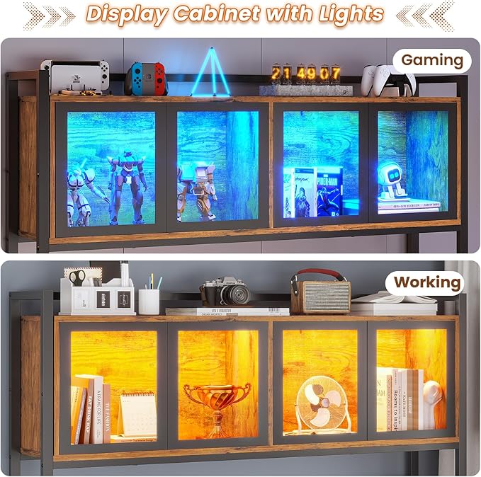 SEDETA L Shaped Gaming Desk with Drawers L Shaped Computer Desk with Hutch and Storage Shelves Gaming Desk with Pegboard Led Lights and Power Outlet Home Office Desk Corner Desk Rustic Brown