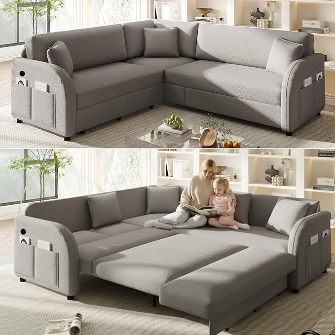 85'' L-Shaped Sectional Sleeper Sofa Bed 5-Seater Pull-Out Couch Bed with Comfy Teddy Fabric USB Ports Modular 3-in-1 Convertible Sleeper Couch for Living Room Apartment Light Grey | Teddy Uphols