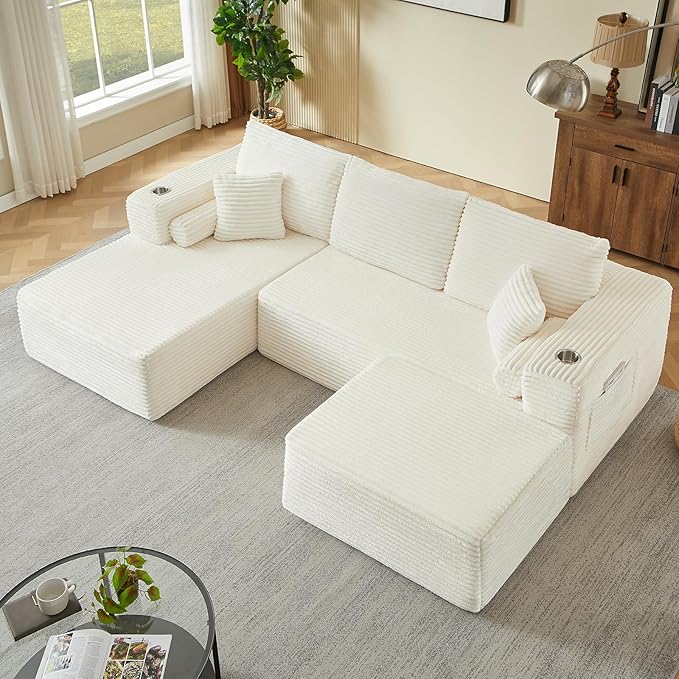 107 U Shaped Boneless Couch with Ottoman Cloud Modular Sectional Sofa with Cup Holders and Pillows Corduroy Upholstered Couches for Living Room Couch with Chaise No Assembly Cream | Modular Desig