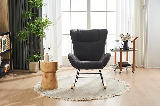 Rocking Chair Nursery Solid Wood Legs Reading Chair with Teddy Fabric Upholstered Nap Armchair for Living Rooms Bedrooms Offices Best GiftGrey Teddy Fabric