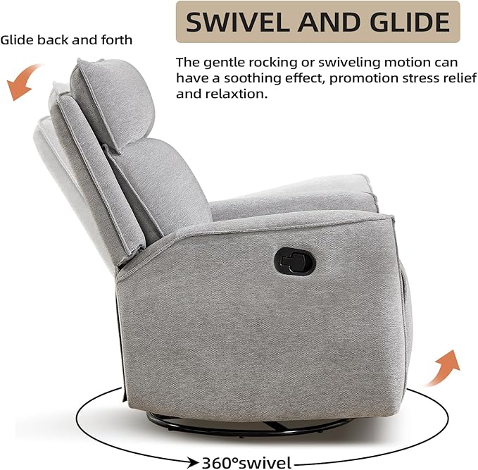 INZOY Nursing Rocking Chair Recliner Swivel Rocker Recliner Swivel Glider Rocking Recliners with Soft Backrest Chenille Fabric Manual Reclining Sofa for Living Room Bedroom Apartment Grey