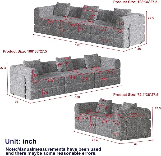 Convertible Sofa Bed 108+108+72.4 Sectional Couch 8-Seater with Storage Pockets Modular Sleeper Couch Corduroy Folding Floor Boneless Lounge Sofa for Living Room Guest Room Beige