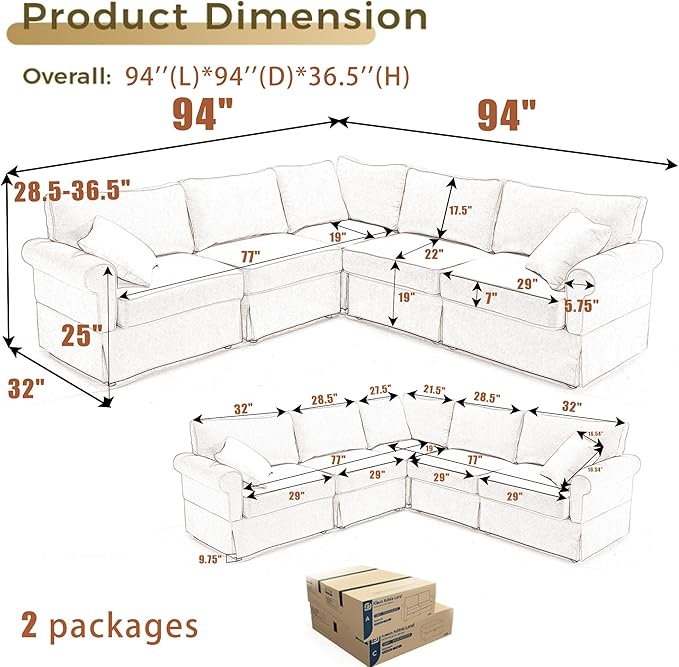 KEIKI 94 L-Shaped Oversized Modular Linen Sectional Sofa with Rolled Arms Cushion Back Modern Style Convertible 5-Seater Corner Couch Easy Assembly for Apartment Living Room Bedroom Dark Blue