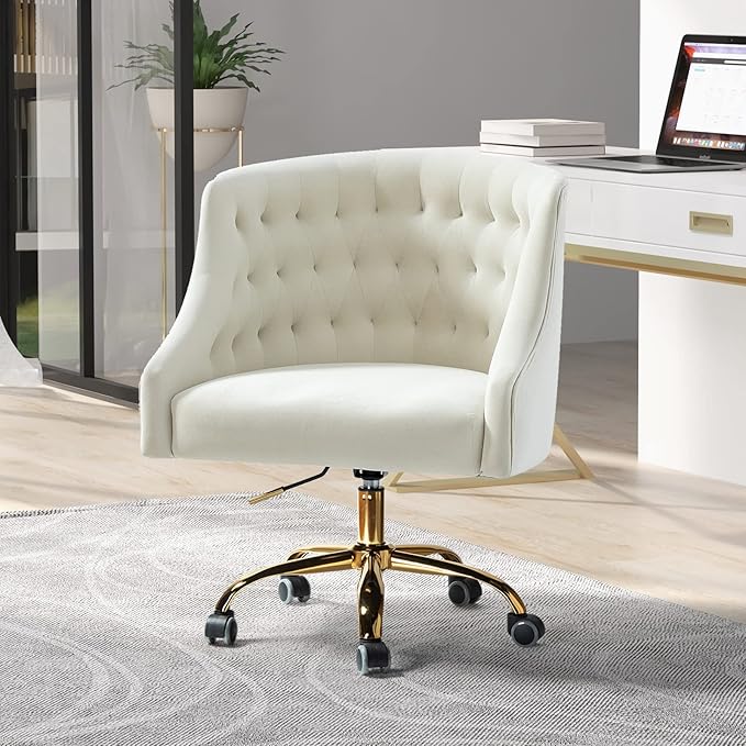 Velvet Home Office Chair with Gold Base Comfortable Modern Cute Desk Chair Adjustable Swivel Task Chair for Living Room Bedroom Vanity Study Ivory
