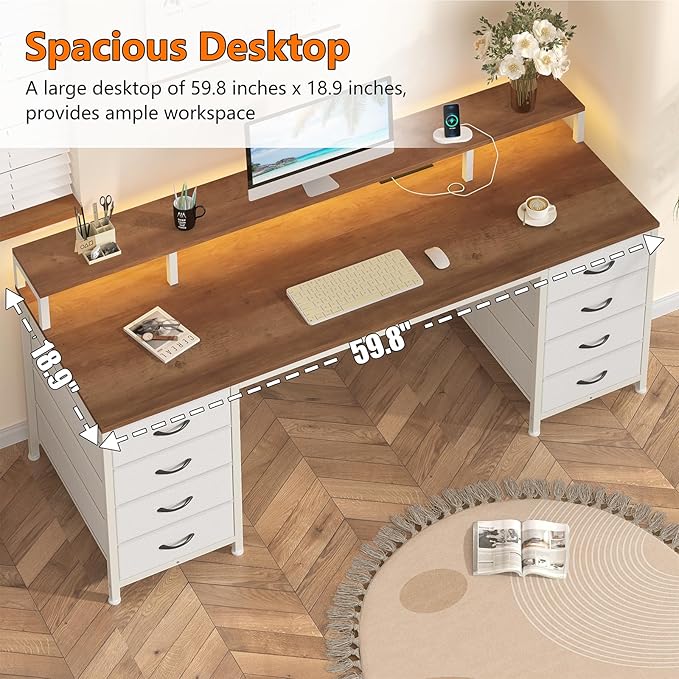 60 Inch Computer Desk with 8 Fabric Drawers Gaming Desk with LED Lights &amp Power Outlets Home Office Desk with Monitor Stand Brown and White