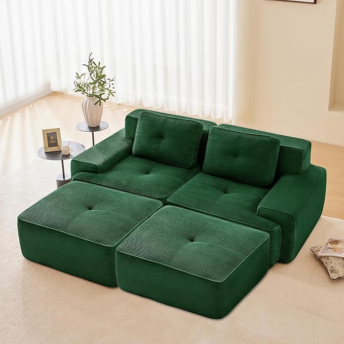 Modern Boneless Couches for Living Room Corduroy Cloud Couch Sectional with Deep Seat Green Modular Sectional Sofa Couch for Living Room Sofas para Sala (Green Ottoman)