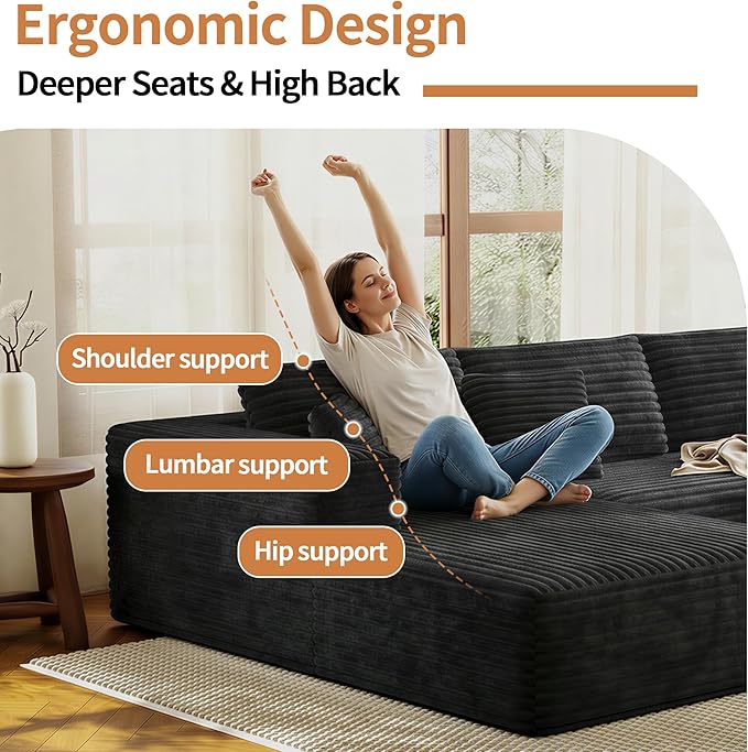 107 Modular Sectional Couches for Living Room Comfy L-Shaped Boneless Cloud Couch with Chaise Modern Deep Seat Corduroy Floor Sofa No Assembly Required (Right Facing Chaise Black) | High-density