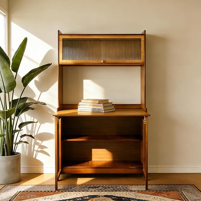 Foldable Desk with Hutch &ampStorage Fold Out Convertible Murphy Computer Table Folding Writing Table Workstation with Free Cat Bed &amp Scratching Post for Small Spaces (Walnut1)