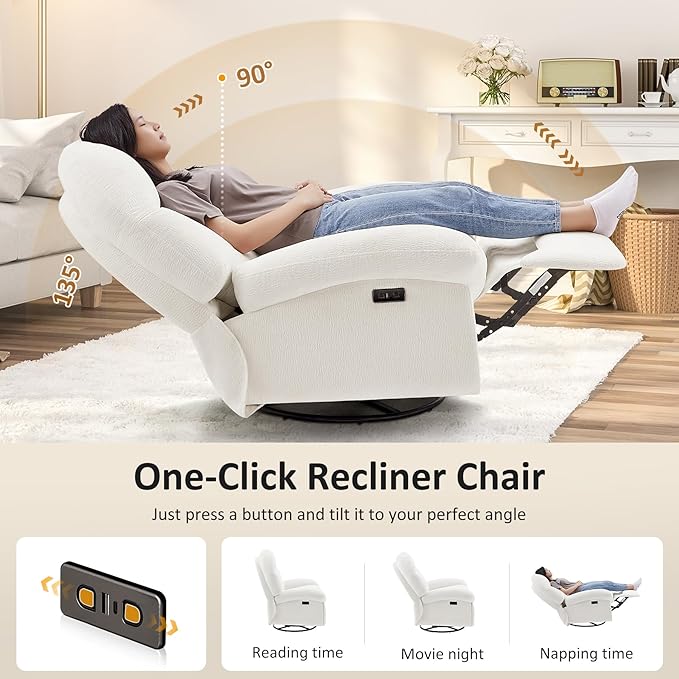 VANOMi Power Recliner Chair with Charging 270° Swivel Glider Rocker Electric Nursery Recliner for Living Room Bedroom and Office White Sets of 2
