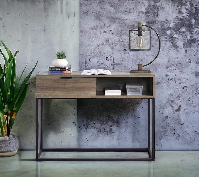 Penau Rustic Oak Writing Desk with Black Metal Legs Compact Home Office Desk Modern Industrial Style Ample Storage Space