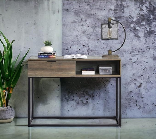 Penau Rustic Oak Writing Desk with Black Metal Legs Compact Home Office Desk Modern Industrial Style Ample Storage Space