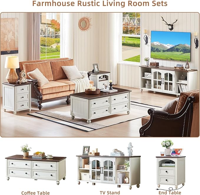 Farmhouse TV Stand for 60 Inch TV Wood Entertainment Center with Glass Door Storage Cabinet &amp Adjustable ShelvesTelevision Stands for 65 TVS TV Console Table for Living RoomBedroomWhite