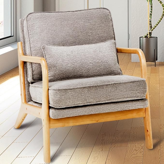 Mid-Century Accent Chair with Solid Wood Frame Reading Relaxing Armchair Lumbar Pillow&ampSoft Cushion Leisure Chair for Living Room Bedroom Waiting Room-Grey