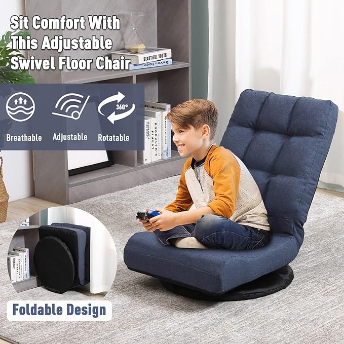 360° Swivel Floor Chair with 6-Position Backrest &amp Lumbar Support - Heavy Duty Folding Game Rocker for 300lbs Multipurpose Gaming Chair for TV Reading &amp Video Games Blue