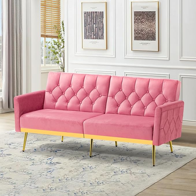 Velvet Futon Sofa Bed w/Adjustable Armrests &amp Backrests Button Tufted Sleeper Couch Modern Convertible Loveseat Sofa for Bedroom Living Room Apartment Pink
