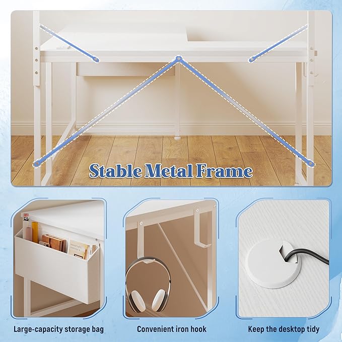 L Shaped Desk Computer Desk with LED Light &amp Power Outlet 53 Inch Reversible L Shaped Gaming Desk with Shelf &amp Storage Bag &amp Hook for Home Office White