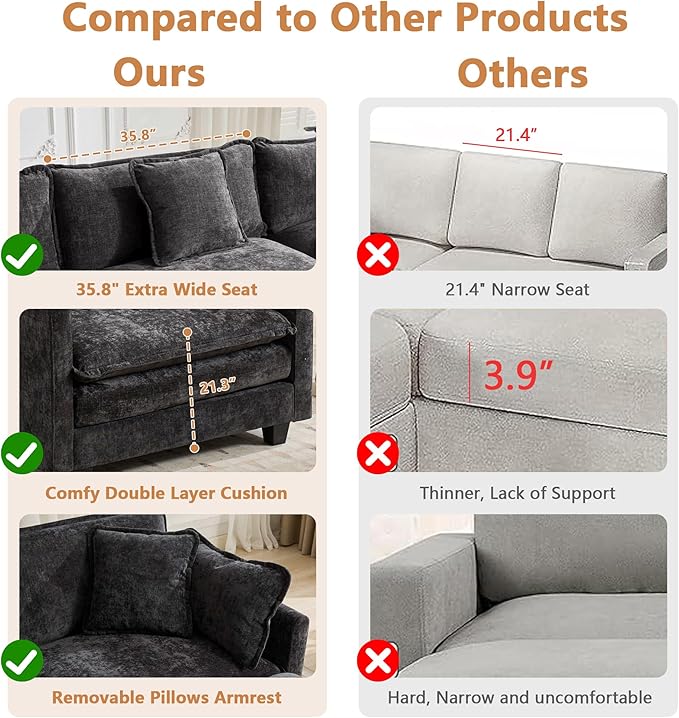 Setawix Modern Modular Sectional Sofa Chair with Movable Ottoman 42 Upholstered Chenille Comfy Fluffy Cloud Deep Seat Couch Oversized Single Armchair with Throw Pillow for Living Room Black