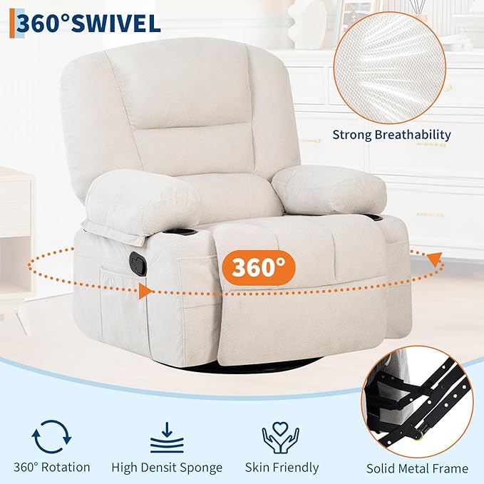 Massage Rocking Recliner Chair with Vibration and Heat 360° Swivel Chenille Rocker Chairs for Living Room Home Theater Seating with Cup Holders &amp Side Pocket for Adults Living Room Bedroom Wh