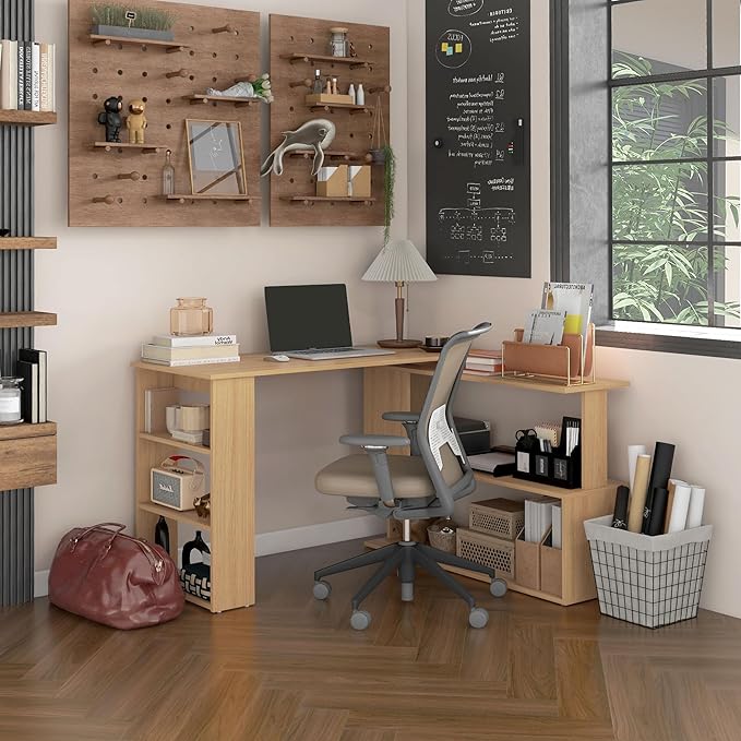 L Shaped Corner Desk 360 Degree Rotating Home Office Desk with Storage Shelves Writing Table Workstation Maple