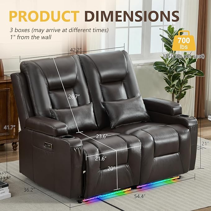 URRED Power Loveseat Recliner Sofa Wall Hugger Reclining Loveseat RV Couch with LED Light USB Ports Cup Holders and Side Pockets for Home Theater Faux Leather - Dark Brown
