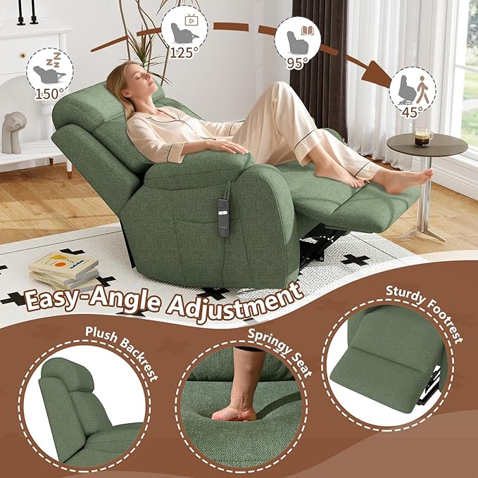 cinkehome Small Power Lift Recliner for Elderly Lift Chair Recliners Electric Recliner Chairs for Seniors Remote Control Adjustable Side Pocket (Green)