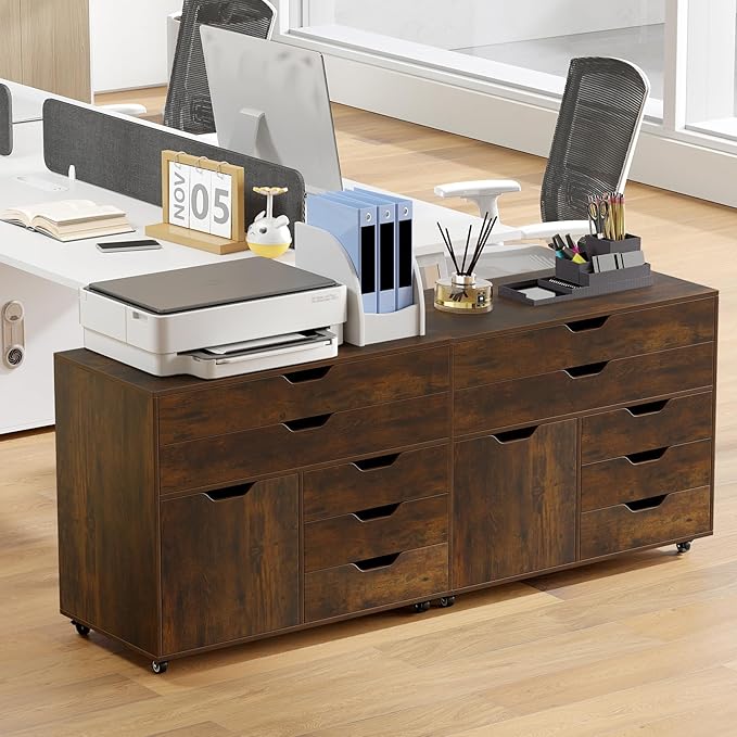 MAT EXPERT 5-Drawer Mobile File Cabinet w/Door Lateral Filing Cabinet w/5 Universal Wheels Rolling File Cabinets with Storage Modern Wood Printer Stand for Home Office Living Room (Rustic Brown)